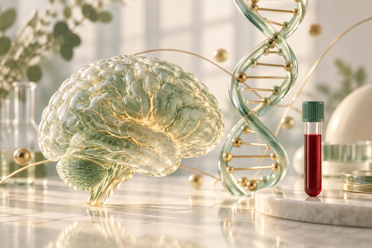 Brain model, DNA helix and blood sample tube — AI-generated representative illustration.