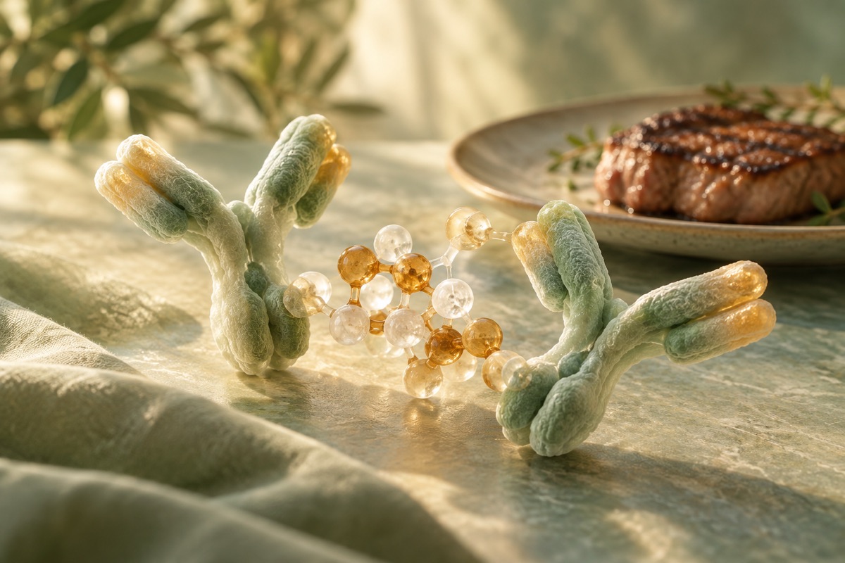 Antibody models with a meat dish in the background — AI-generated representative illustration.