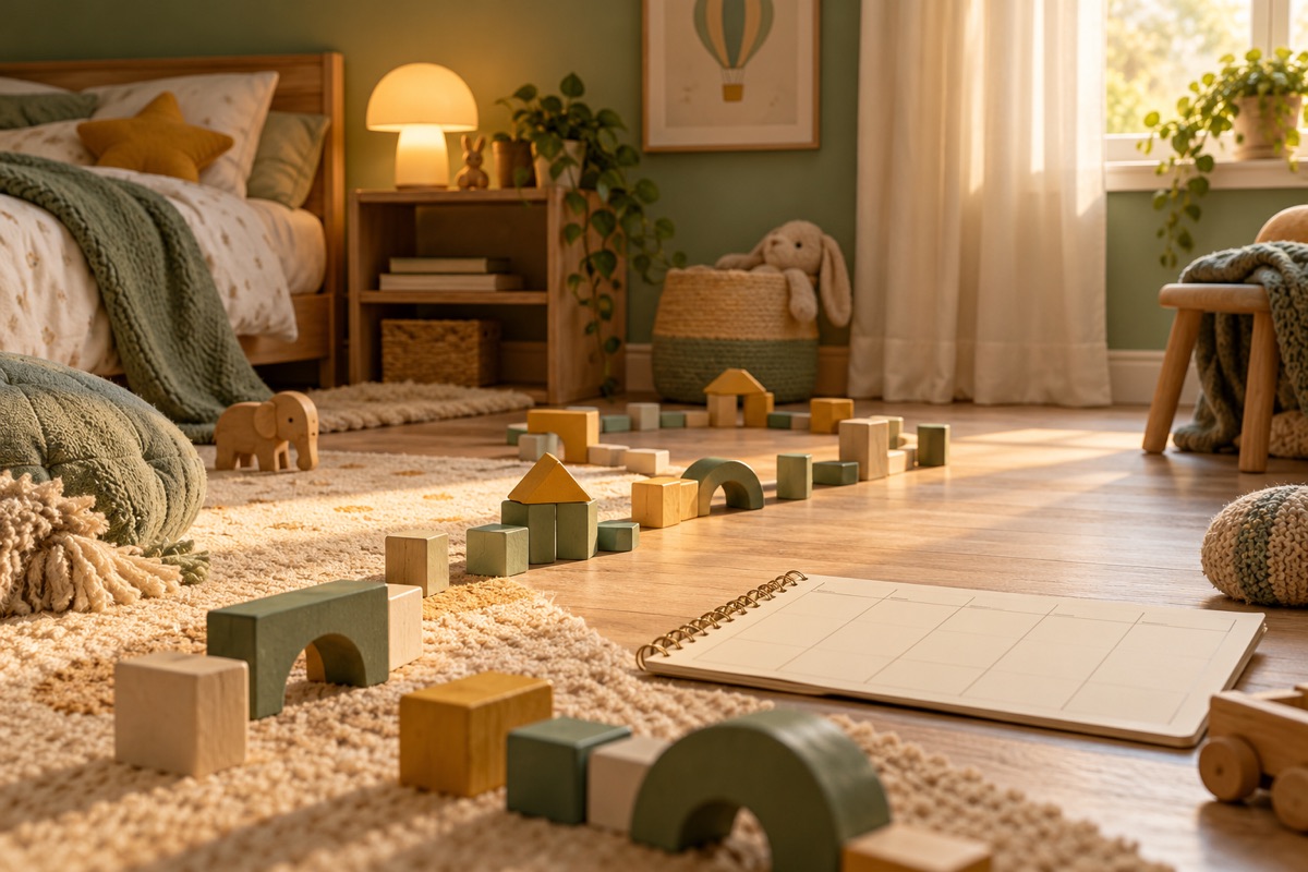 Irregularly arranged toy blocks in a child's room — AI-generated representative illustration.
