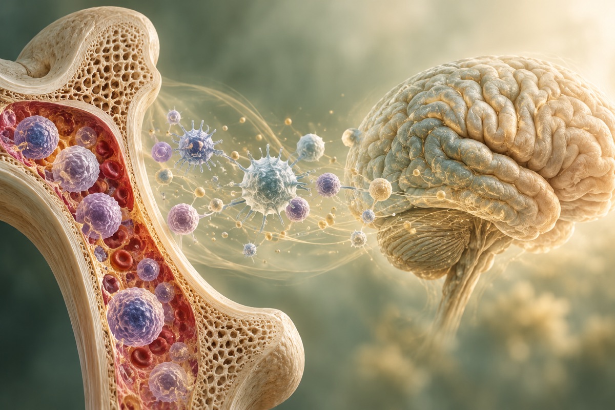 Bone marrow, immune cells and a brain model — AI-generated representative illustration.