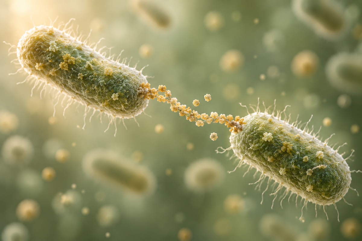 Conceptual protein exchange between two bacteria — AI-generated representative illustration.