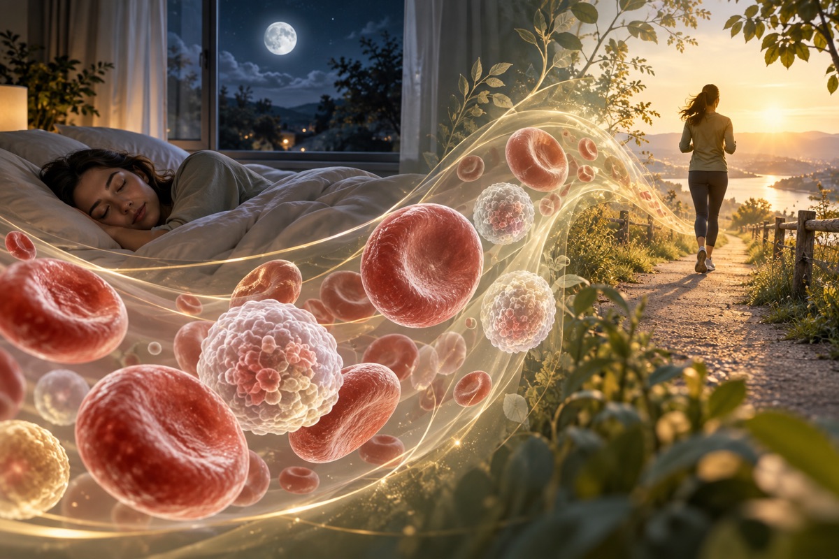 A composition combining sleep, walking and blood cells — AI-generated representative illustration.