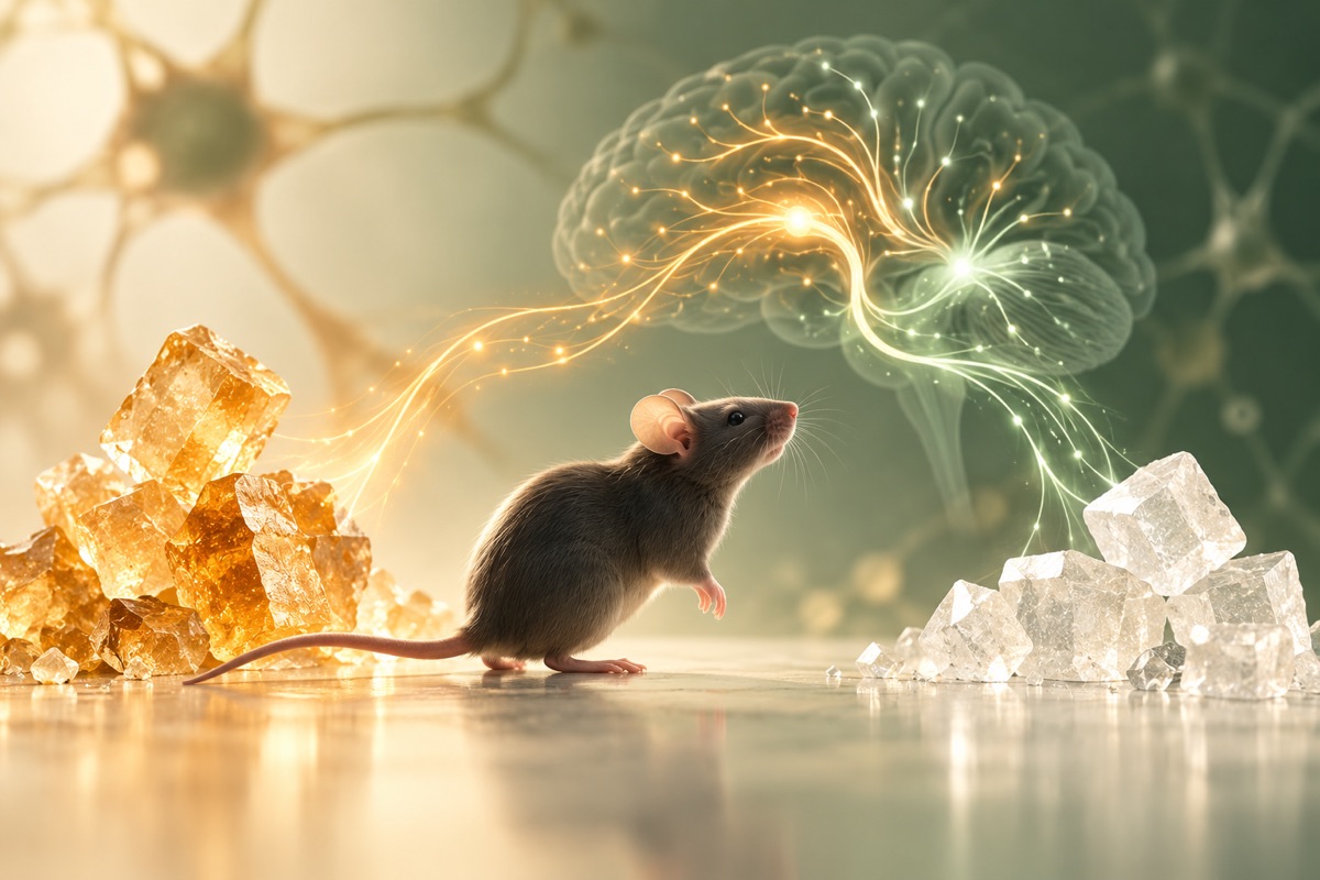 A mouse, sugar crystals and a conceptual neural network — AI-generated representative illustration.