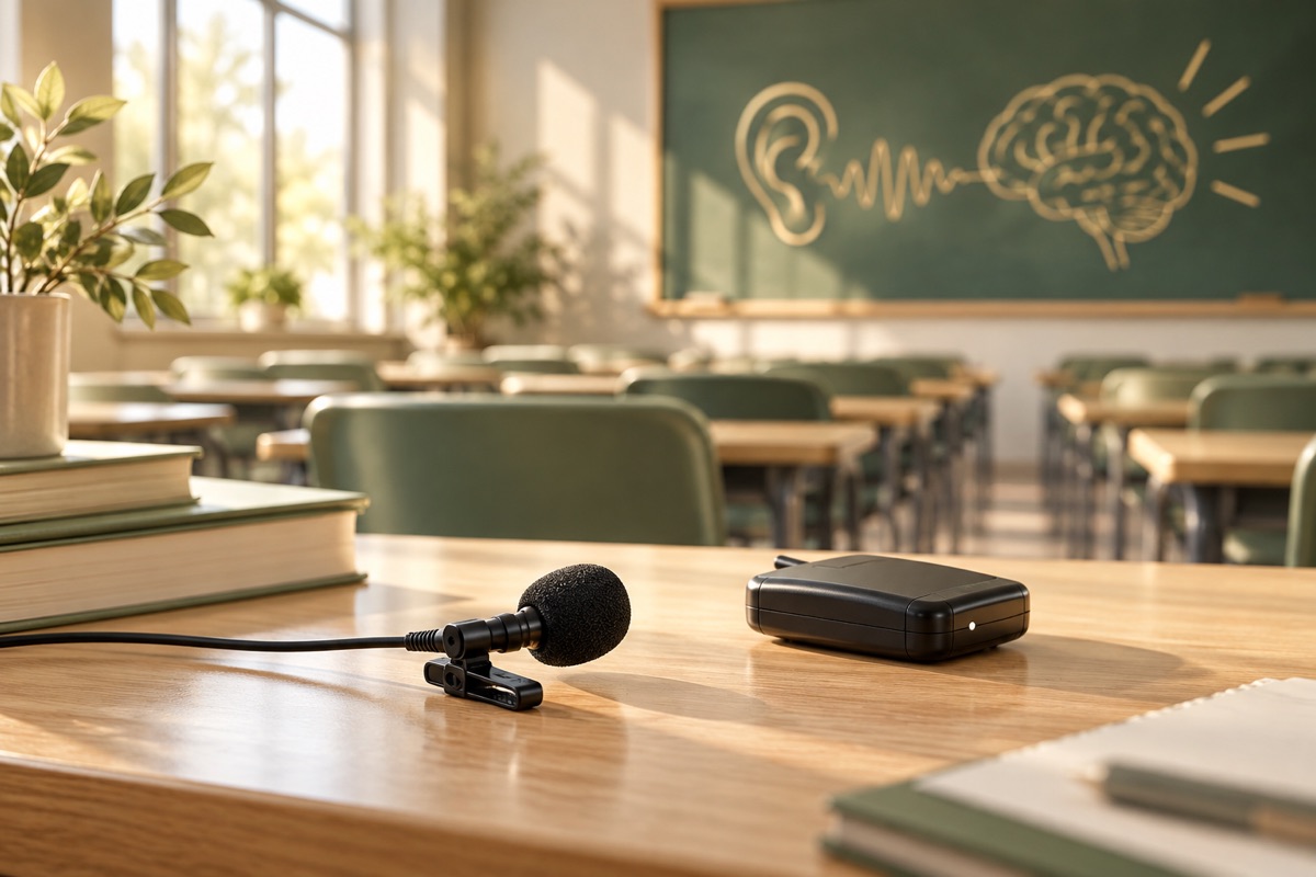 A microphone and receiver on a classroom desk — AI-generated representative illustration.
