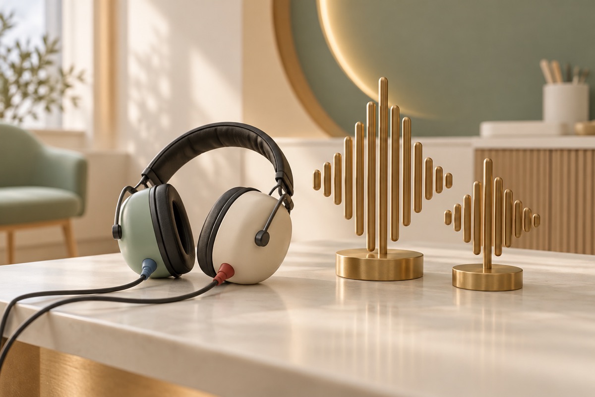 Audiology headphones and two different sound-wave models — AI-generated representative illustration.