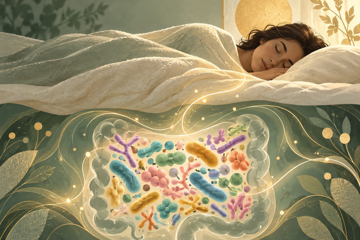 A sleeping person and conceptual gut microbes — AI-generated representative illustration.