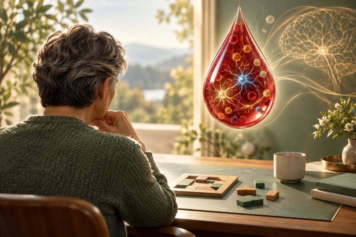 An adult working on a puzzle with a blood biomarker motif — AI-generated representative illustration.