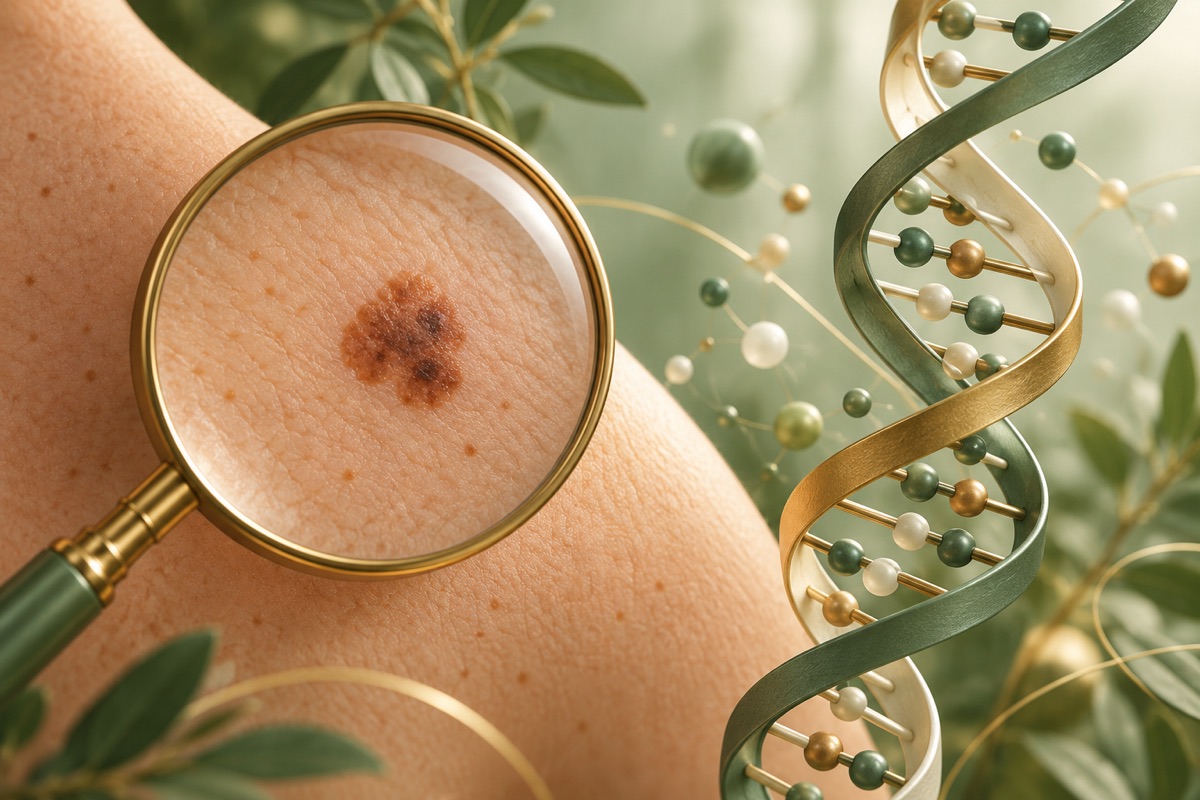 A skin mole, magnifying lens and DNA model — AI-generated representative illustration.