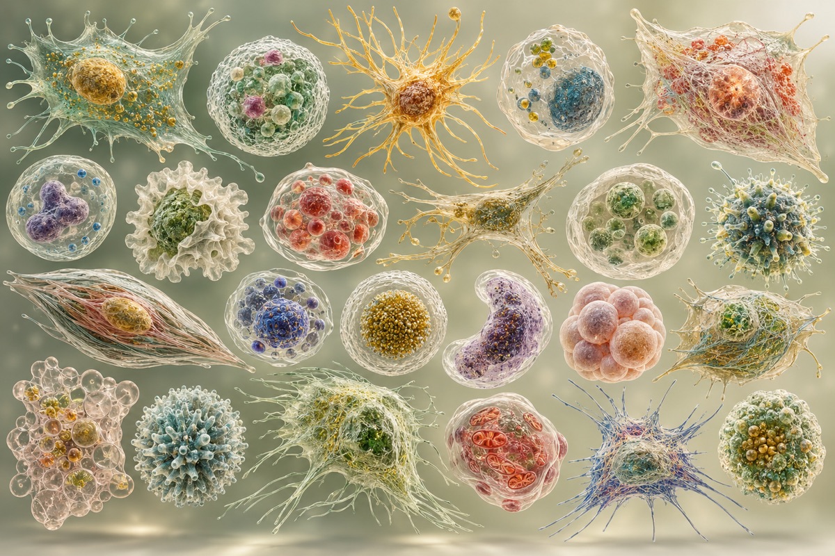 An atlas of differently shaped cell models — AI-generated representative illustration.