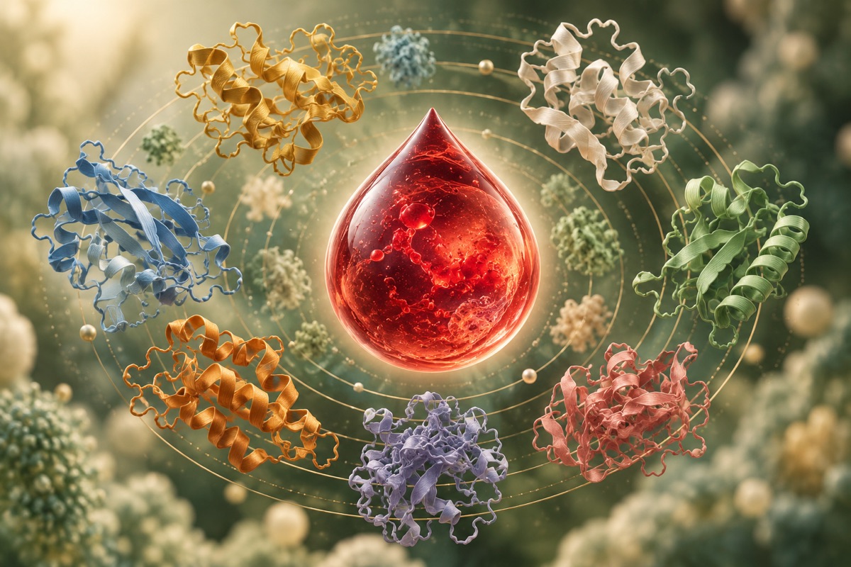 Different protein models around a blood drop — AI-generated representative illustration.