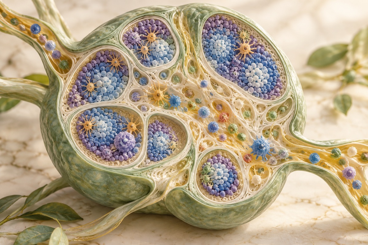 A lymph node model containing immune cells — AI-generated representative illustration.