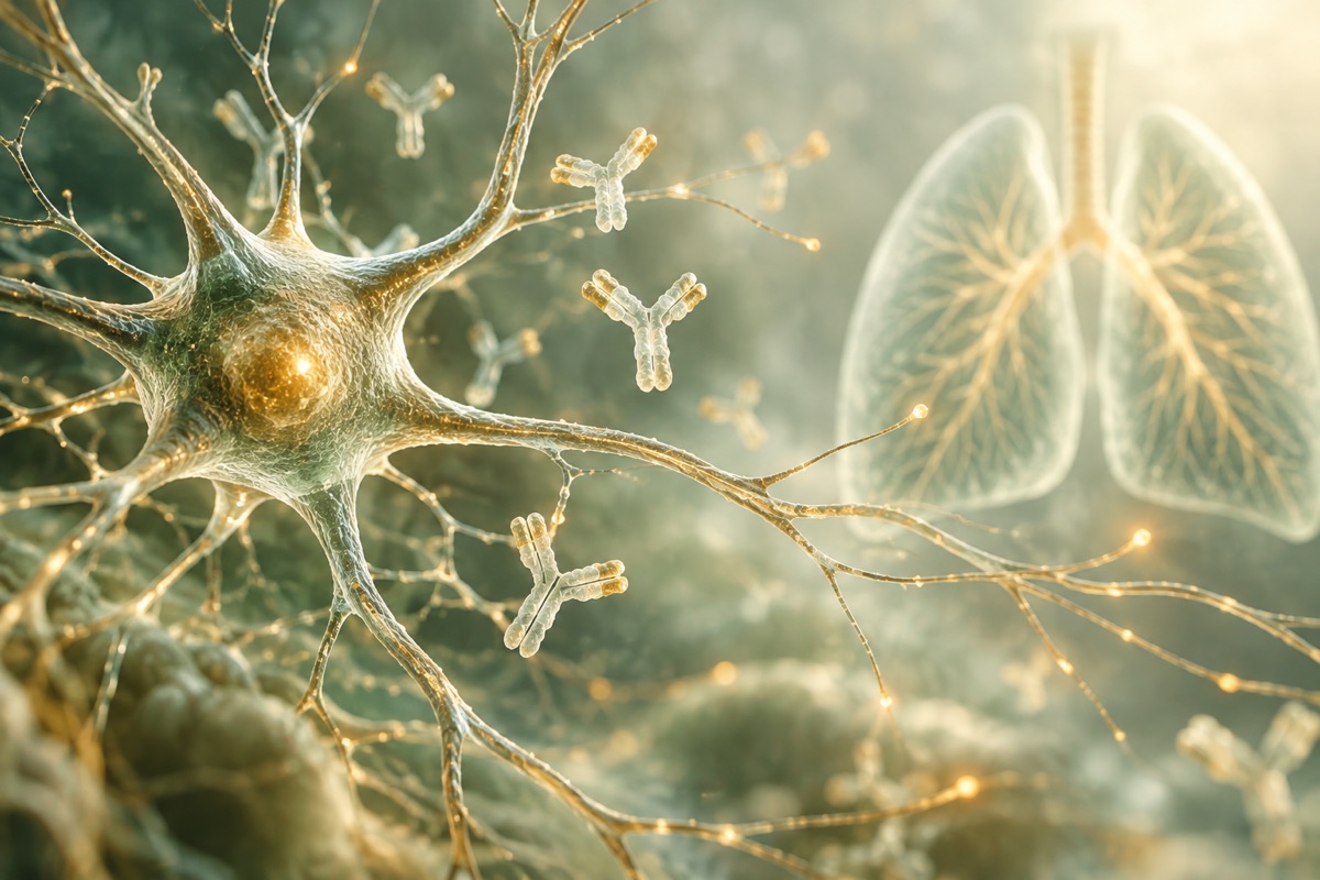 A neuron, antibodies and a lung silhouette — AI-generated representative illustration.