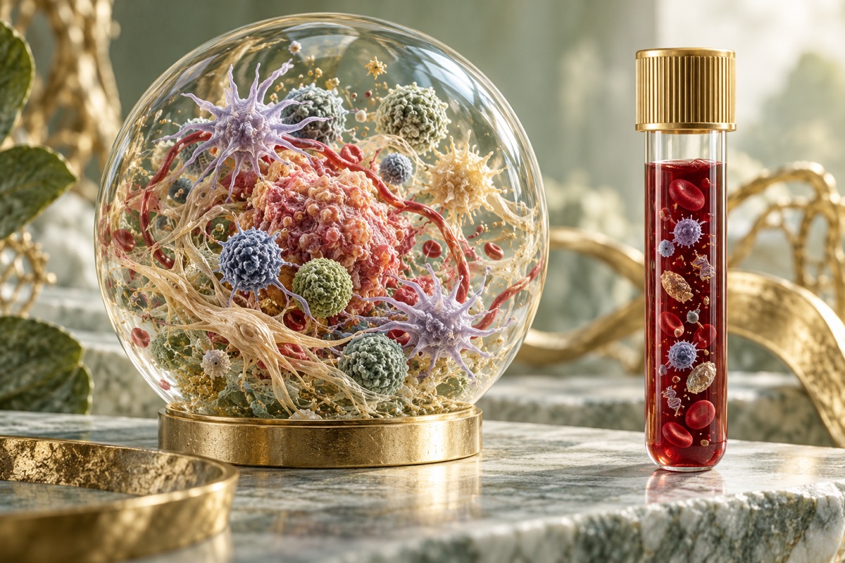 Models of tumor-environment cells and a blood sample — AI-generated representative illustration.