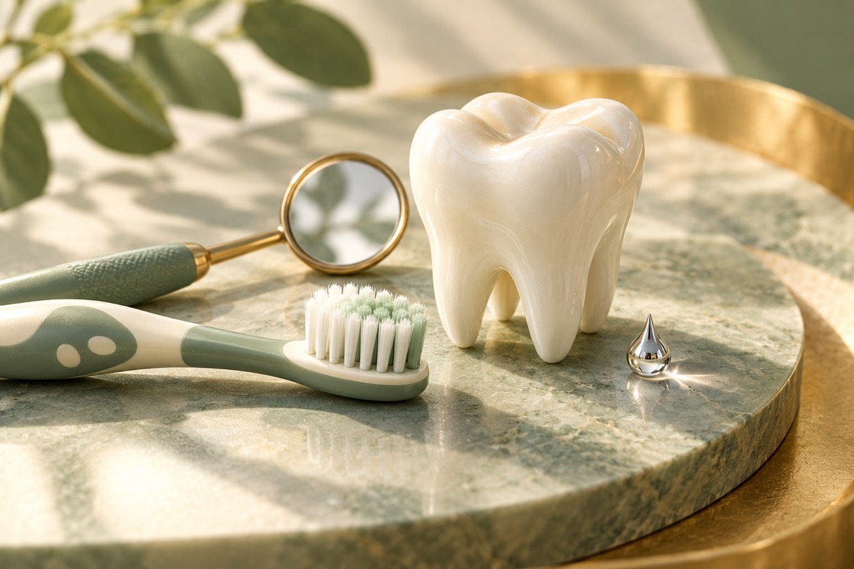 A tooth model, toothbrush and silver-colored drop — AI-generated representative illustration.