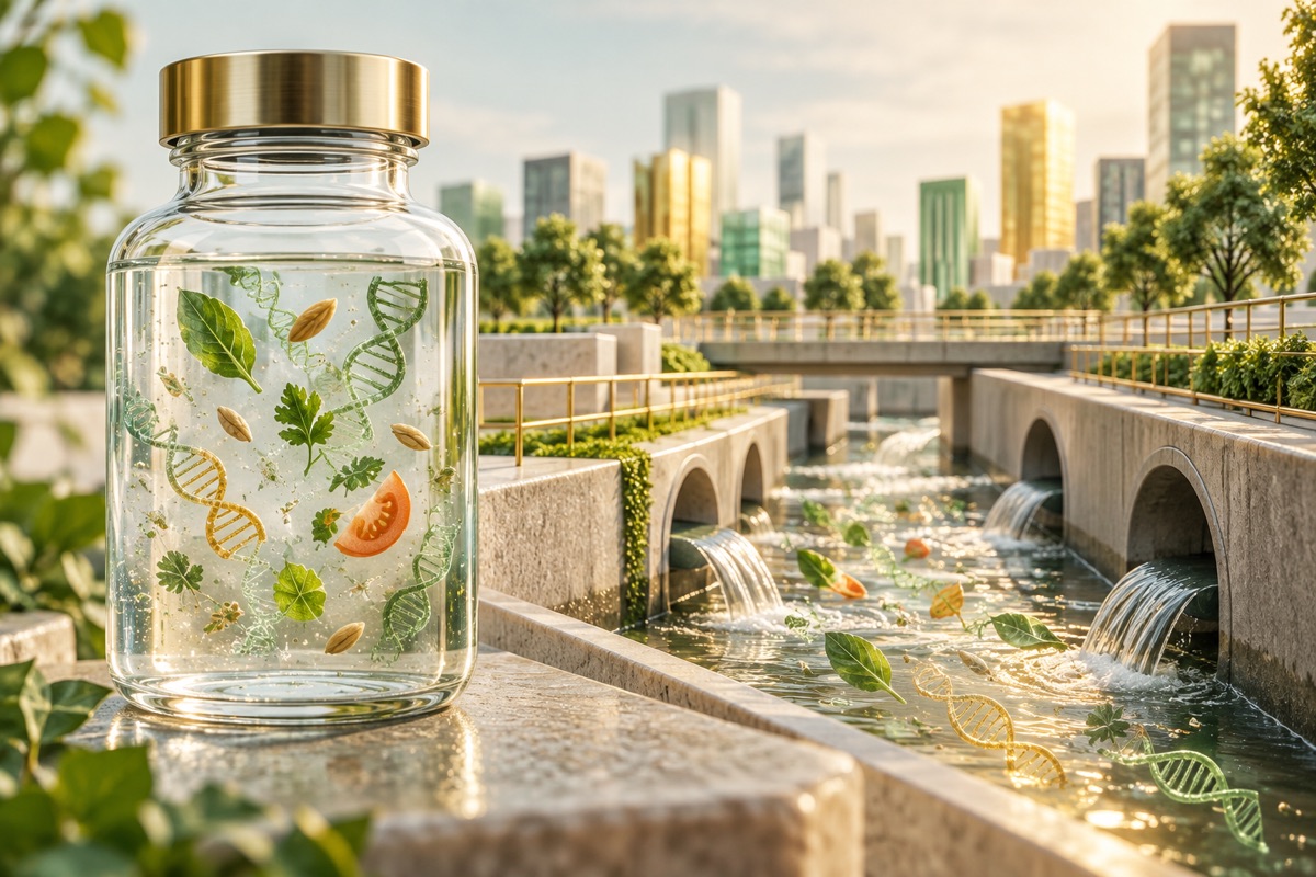 A sample bottle with DNA motifs beside an urban water channel — AI-generated representative illustration.