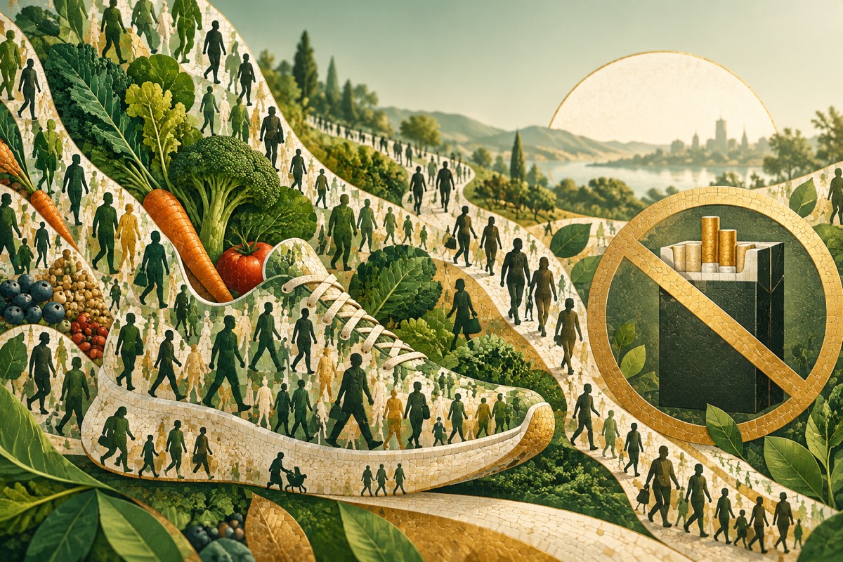 Human silhouettes, a walking shoe and lifestyle motifs — AI-generated representative illustration.