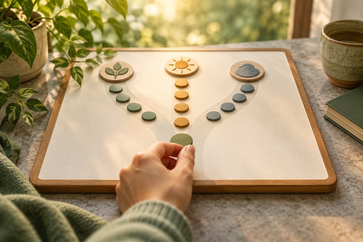 A hand choosing among game tokens on branching paths — AI-generated representative illustration.