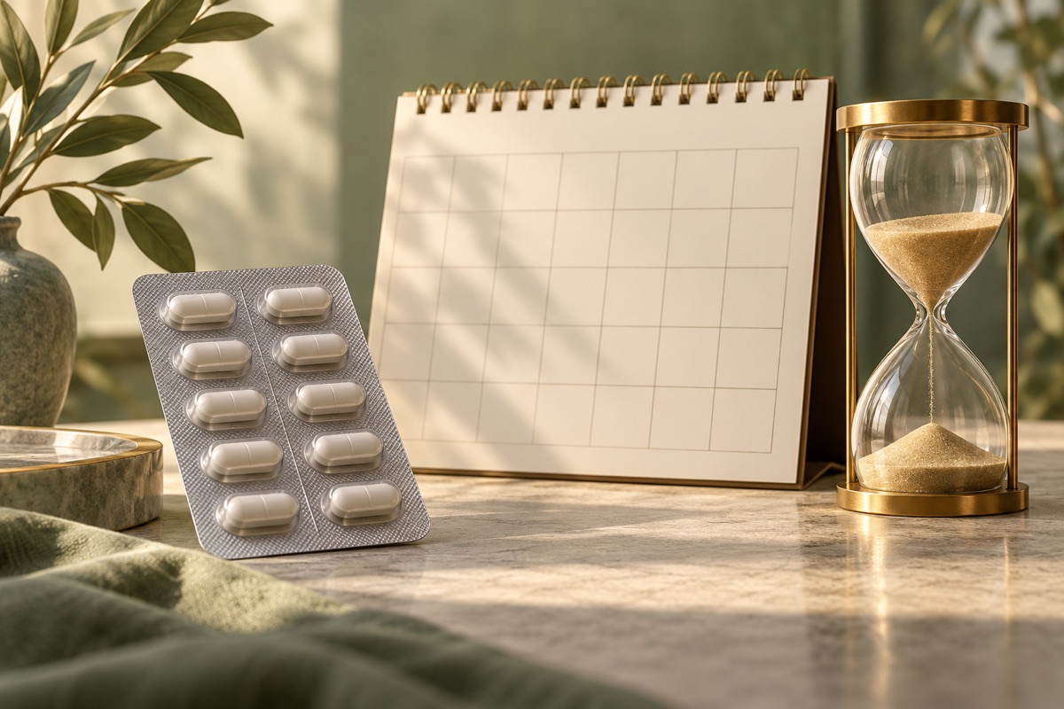 A medicine blister, blank calendar and hourglass — AI-generated representative illustration.