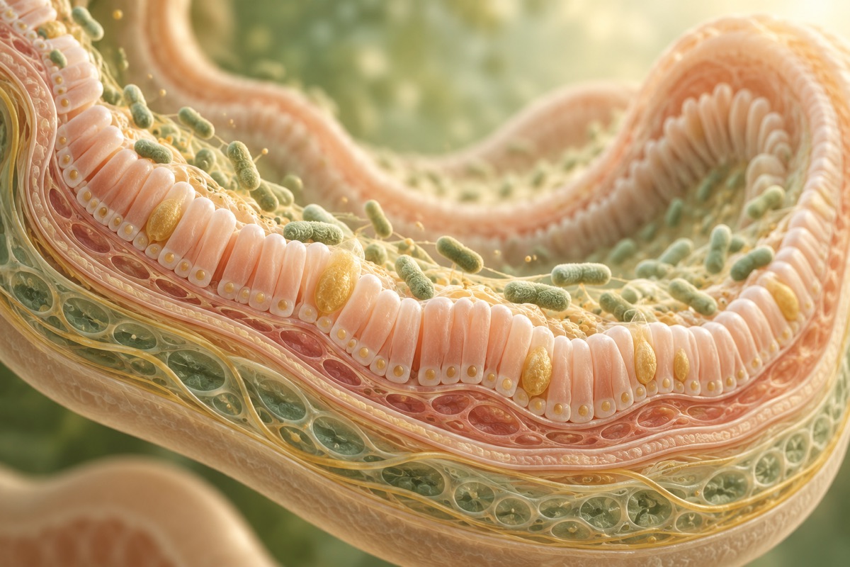 Imagen ilustrativa generada con IA: Una bacteria intestinal sin síntomas puede dejar huellas duraderas en el tejido en desarrollo