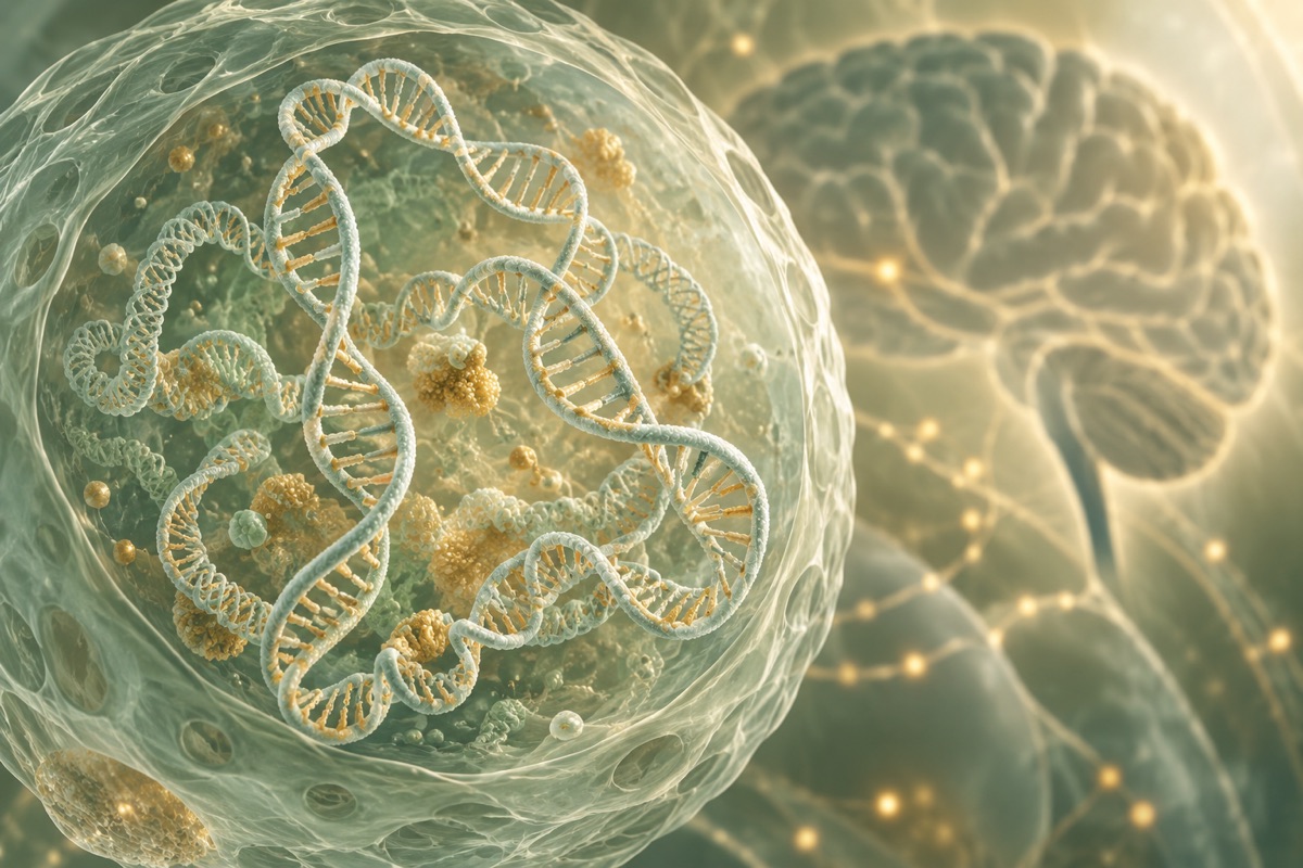 Three-dimensional folded DNA inside a cell nucleus — AI-generated representative illustration.
