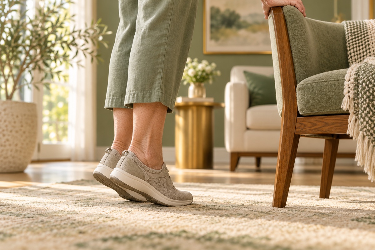 Lower legs of a person doing a supported heel raise — AI-generated representative illustration.