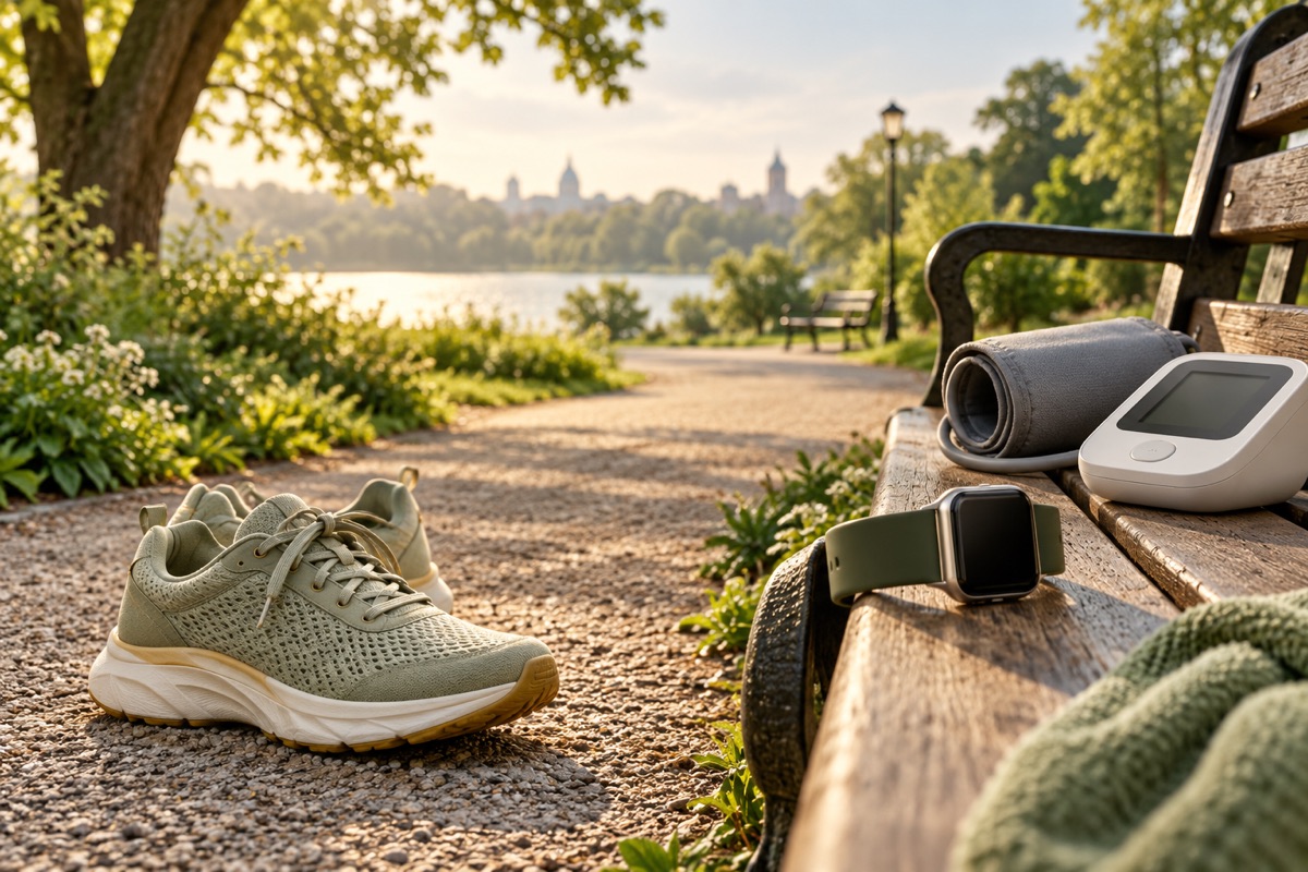 Walking shoes, an activity tracker and blood-pressure cuff — AI-generated representative illustration.