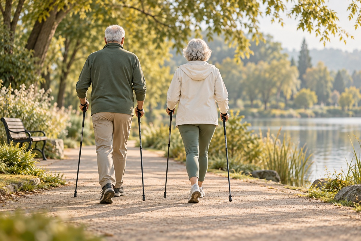 Two older adults walking with poles in a park — AI-generated representative illustration.