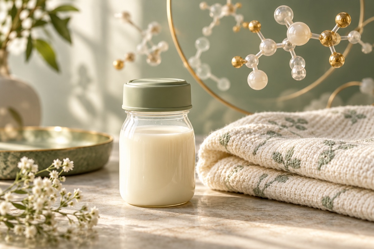 A milk storage bottle, baby blanket and hormone models — AI-generated representative illustration.