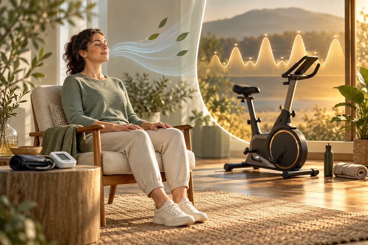 A person practicing calm breathing beside a stationary bicycle — AI-generated representative illustration.