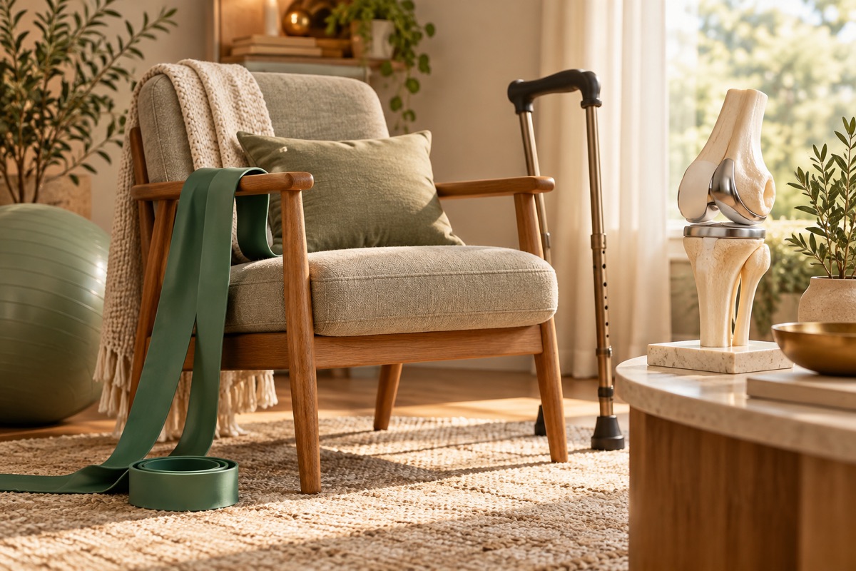 Home rehabilitation equipment and a knee-joint model — AI-generated representative illustration.