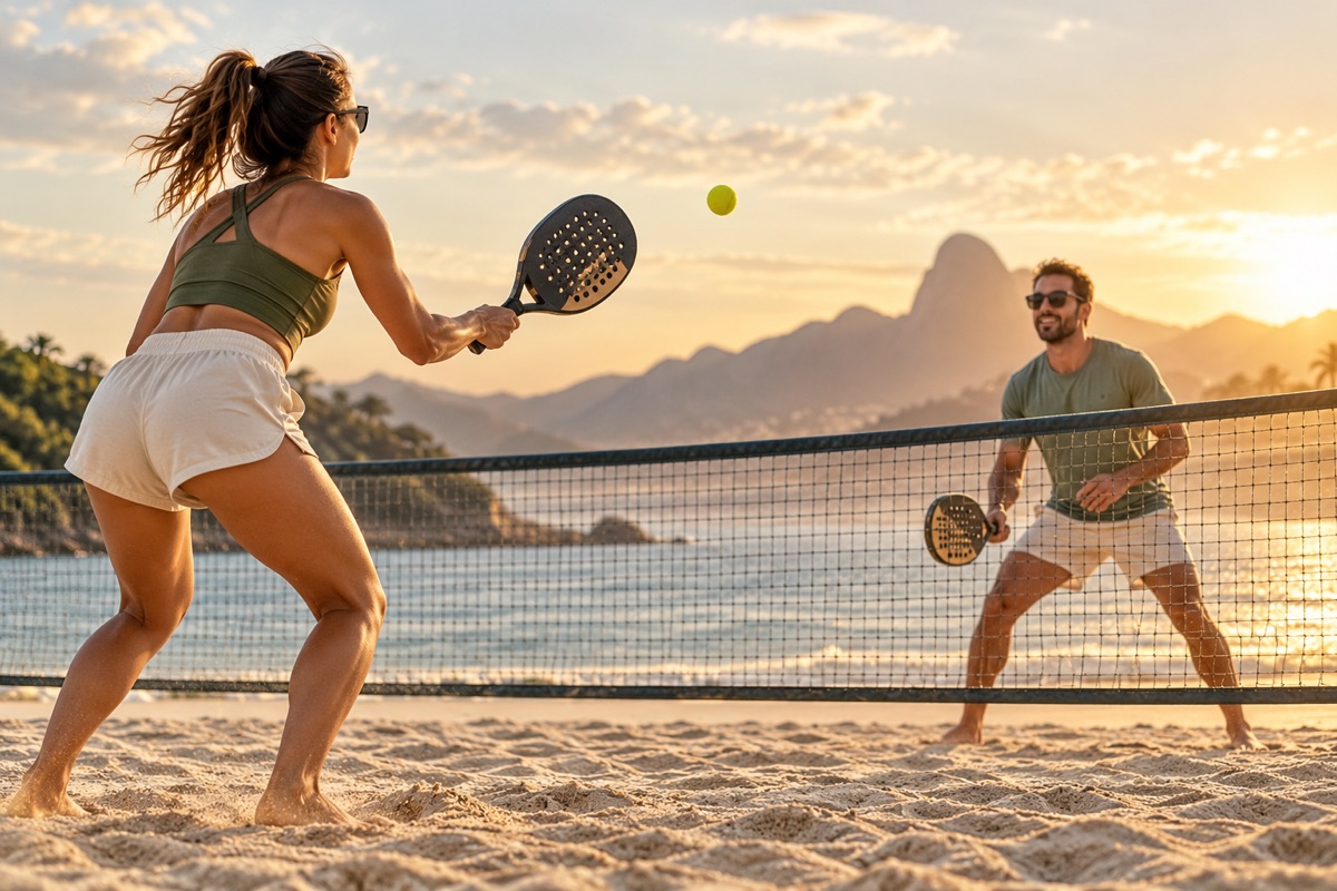 Two adults playing beach tennis on sand — AI-generated representative illustration.