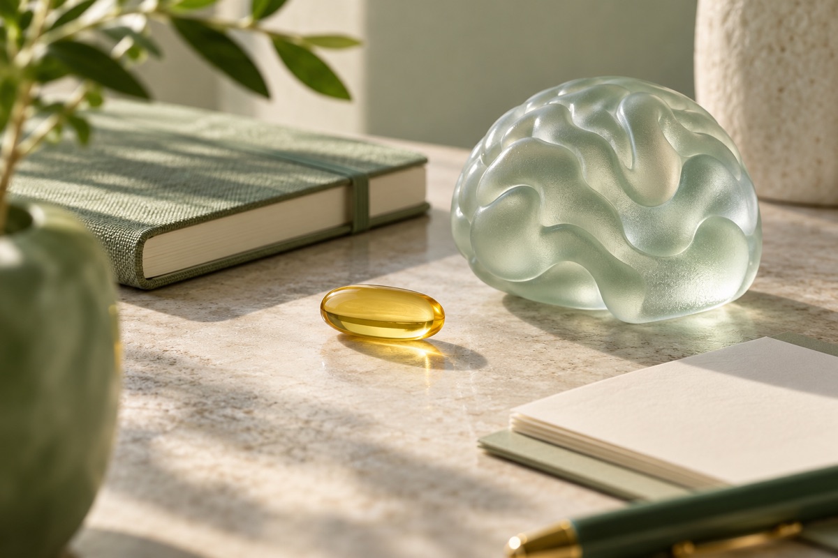 A golden capsule beside a frosted-glass brain model, a closed notebook and blank papers on a tabletop. AI-generated representative illustration.