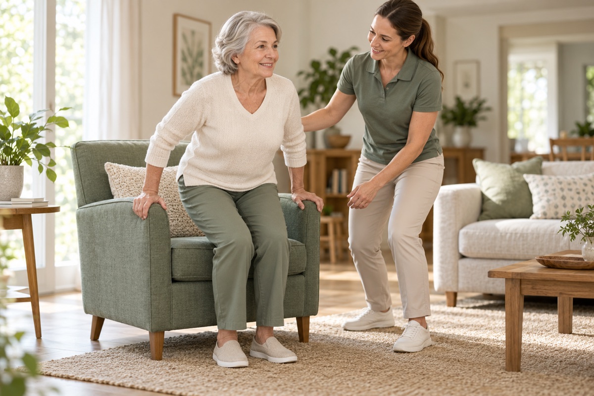 An older woman rising with support from a sturdy armchair beside a coach in a bright home. AI-generated representative illustration.
