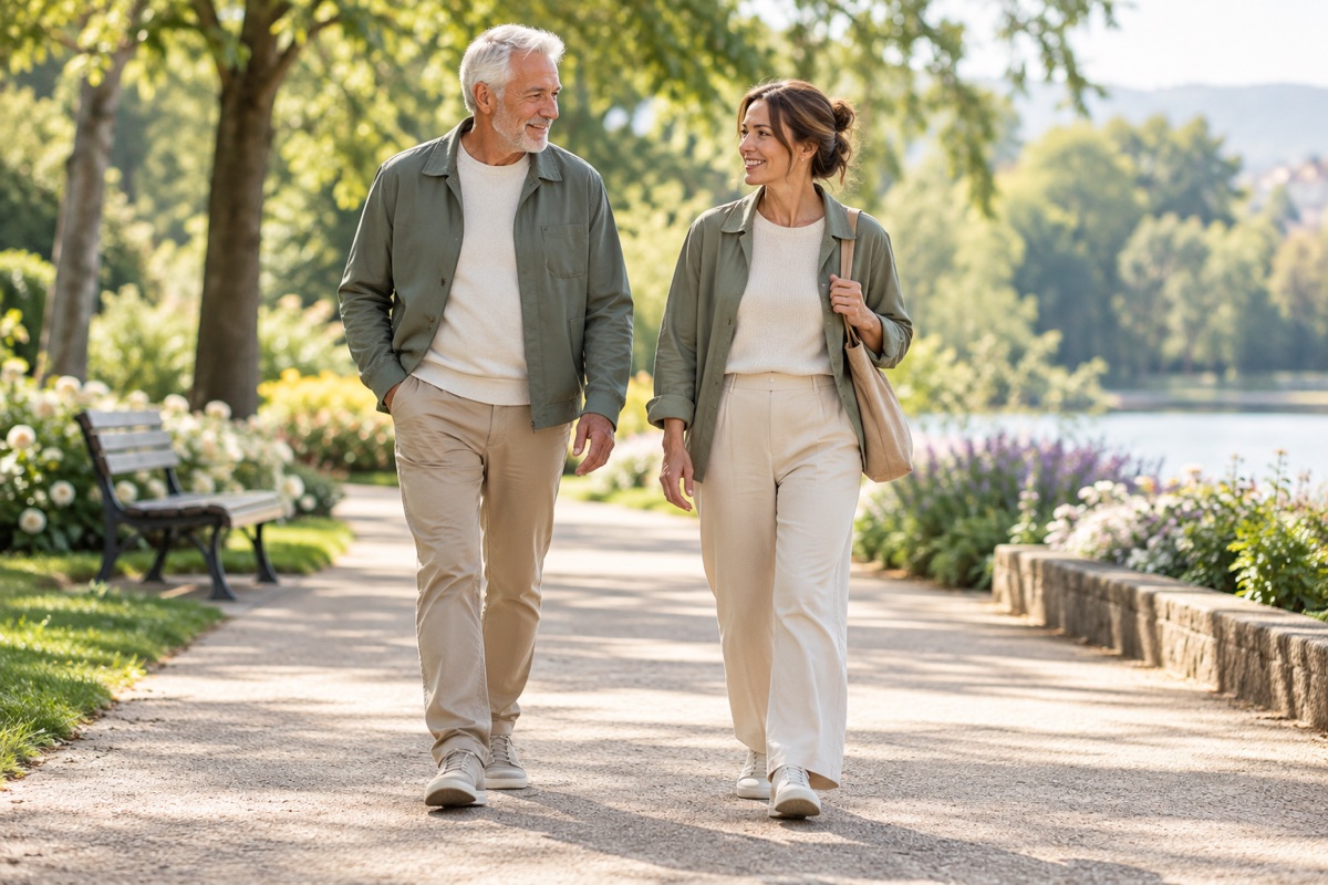 An older man walking beside a woman companion on a broad, level park path. AI-generated representative illustration.