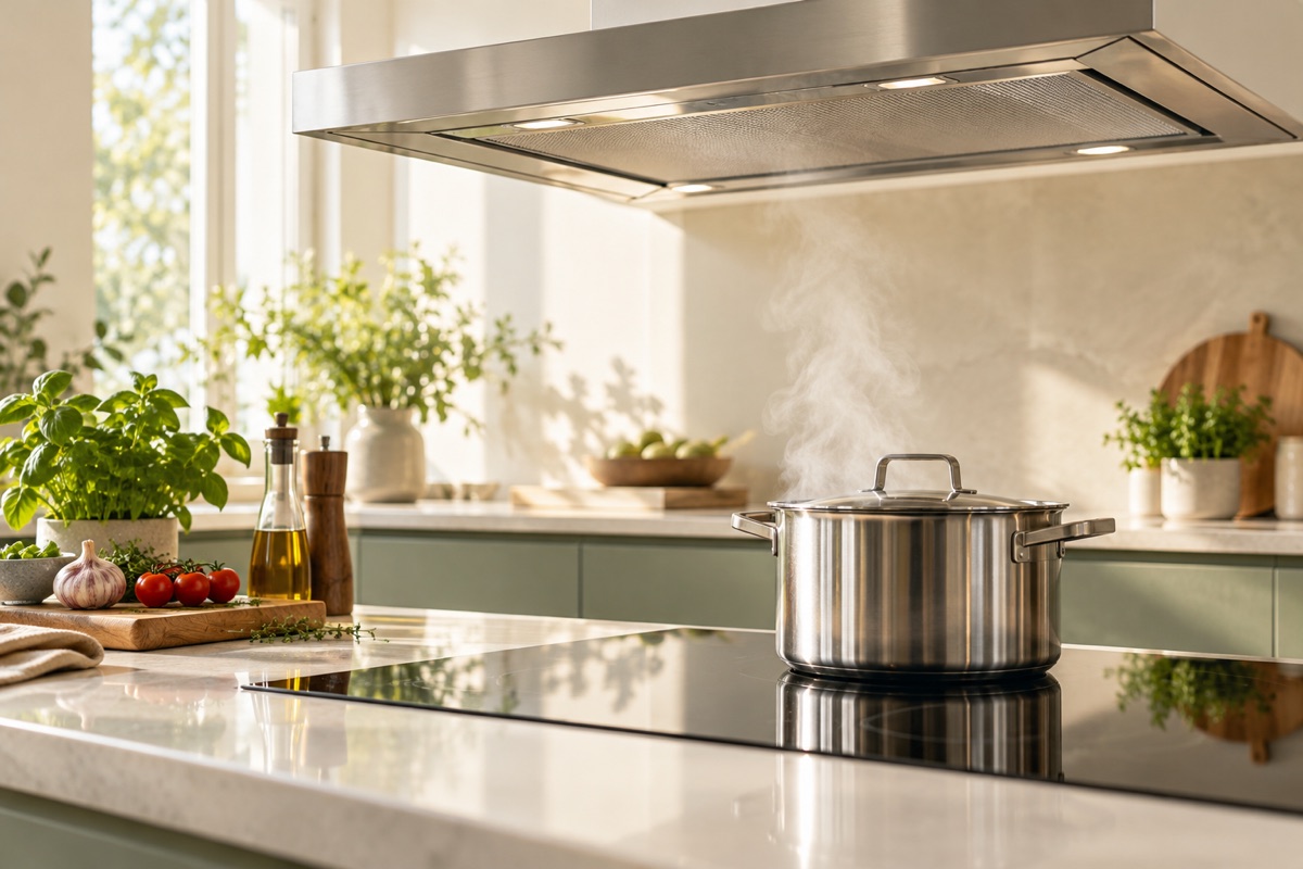 A stainless steel pot on a flat glass induction cooktop under an extraction hood in a bright kitchen. AI-generated representative illustration.