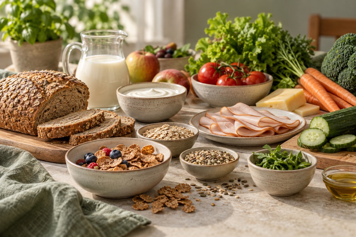 A tabletop selection of bread, cereal, dairy, sliced meat, grains, fruit and vegetables. AI-generated representative illustration.